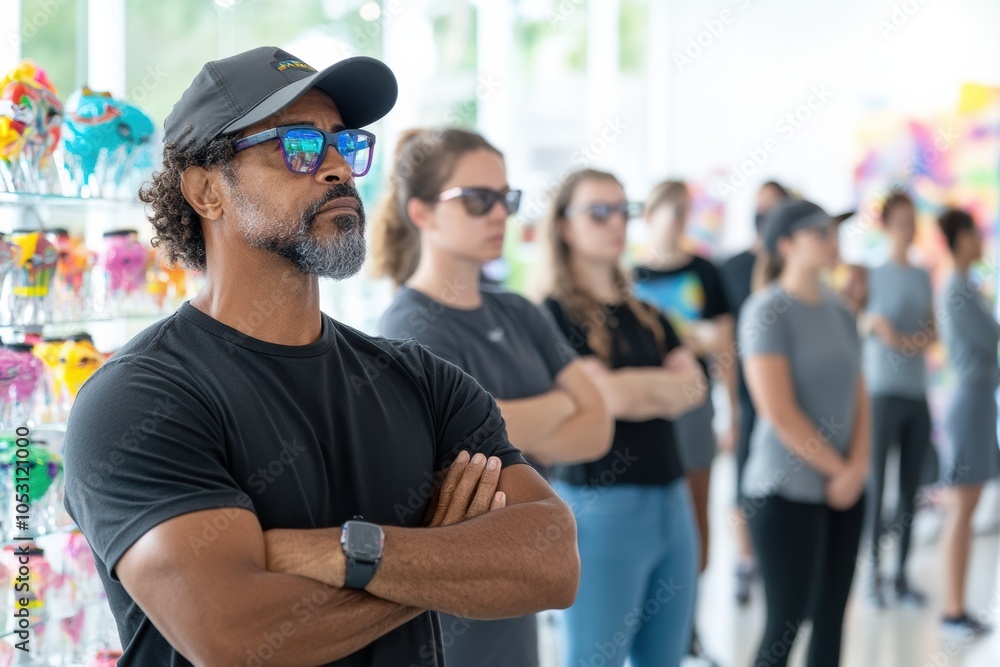 A diverse group of people standing in a line, showcasing confidence and focus in a vibrant retail environment. A diverse group of people standing in a line, showcasing confidence and focus in a vibrant retail environment.