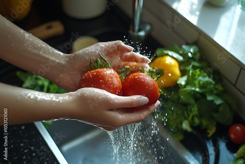 Washing Tomatoes in Kitchen Sink photo