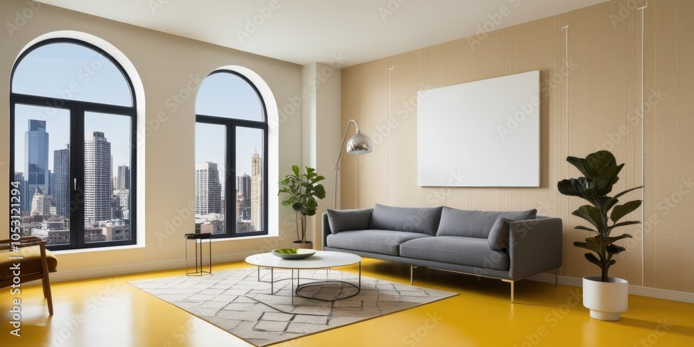 Fototapeta premium Modern minimalist living room, floor-to-ceiling arched windows, yellow floor, gray sofa, potted plant, city skyline view, white walls, empty canvas art, sunlight, open space, clean lines, urban loft, 