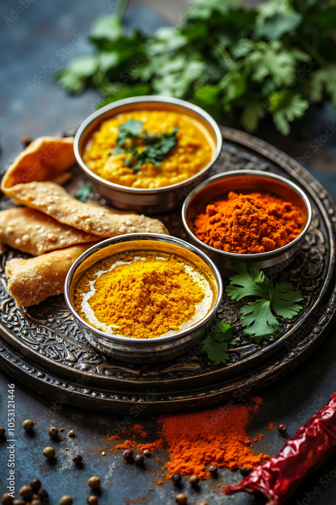 A metal tray with three bowls of food, including a yellow sauce, a red spice, and a green herb, accompanied by a stack of flatbread