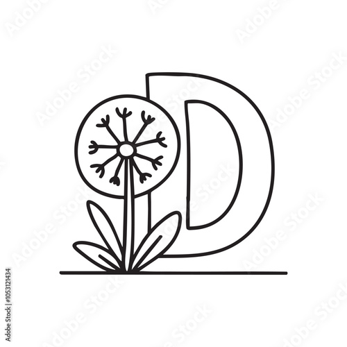 Illustration of a Dandelion beside letter D 