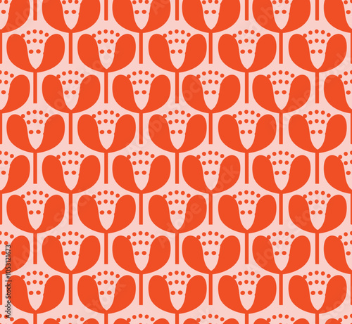 Pastel orange colored sprouted minimal blooms stacked up to form a tight simple pattern on a light pink background. A seamless vector pattern. Great for home decor, fabric, wallpaper, gift wrap.