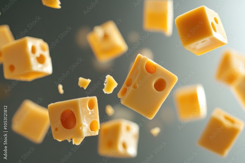 Close-up of Cubes of Swiss Cheese Falling Close-up of Cubes of Swiss Cheese Falling