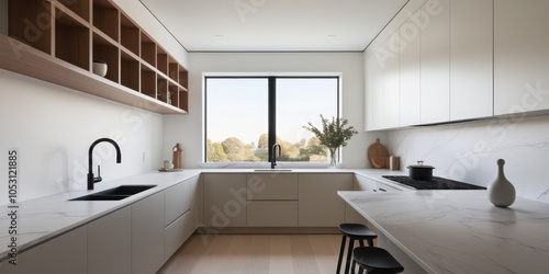 Modern luxury kitchen, minimalist white cabinetry, large island with wooden bar stools, floor-to-ceiling window, natural light, sleek appliances, wood accent shelving, marble countertops, neutral colo