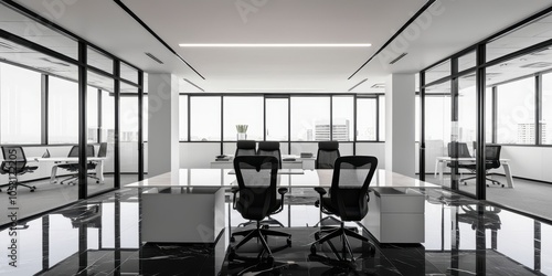 modern office interior, minimalist design, black and white color scheme, glass walls, reflective floor, ergonomic office chair, sleek desk, ceiling lights, corporate workspace, clean lines, contempora