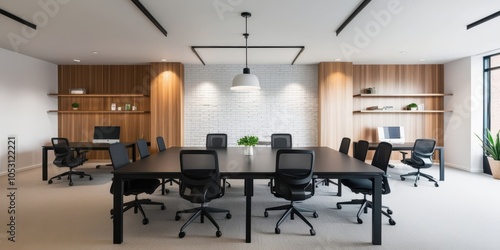 modern office interior, minimalist design, black ergonomic chairs, long conference table, wooden accent wall, white textured ceiling, recessed lighting, sleek workspace, corporate meeting room, contem