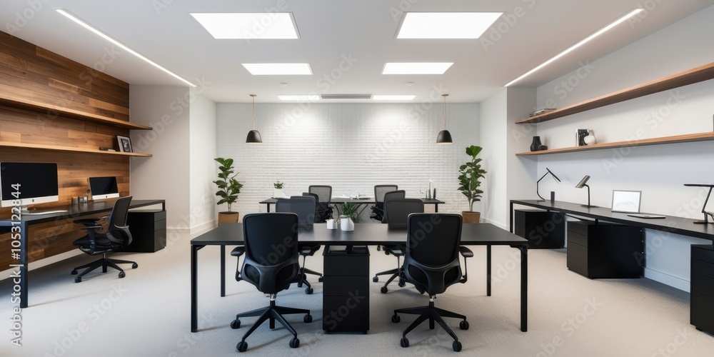 modern office interior, minimalist design, black and white color scheme, glass walls, reflective floor, ergonomic office chair, sleek desk, ceiling lights, corporate workspace, clean lines, contempora modern office interior, minimalist design, black and white color scheme, glass walls, reflective floor, ergonomic office chair, sleek desk, ceiling lights, corporate workspace, clean lines, contempora
