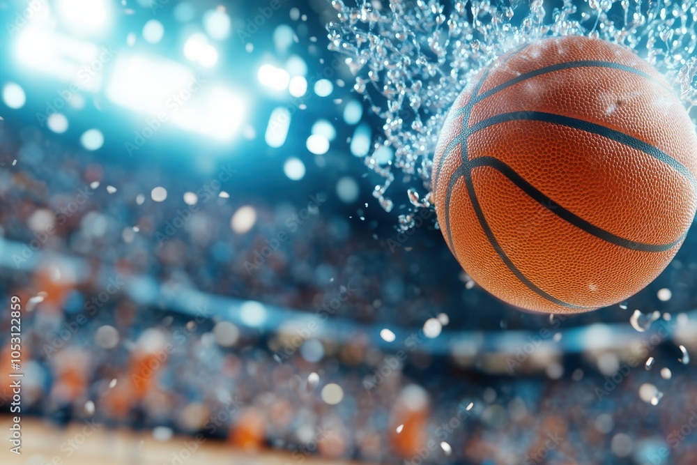 A dynamic shot of a basketball splashing into water, capturing the motion and energy of the game in an exciting sports scene.