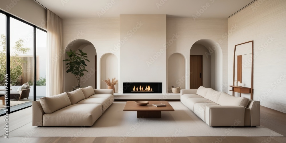 Fototapeta premium modern minimalist living room, neutral tones, white brick walls, arched doorways, large windows, natural light, contemporary fireplace, beige sectional sofa, wooden coffee table, potted plants, cozy i