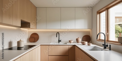 Minimalist modern kitchen, wood cabinets, clean lines, white countertops, neutral color palette, black faucets, open concept, natural light, white backsplash, sleek appliances, uncluttered design, war