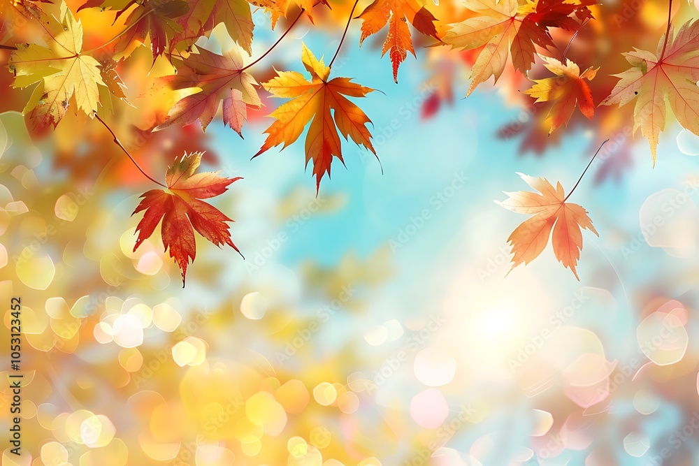 Autumn leaves on blue sky background with sun Autumn leaves on blue sky background with sun