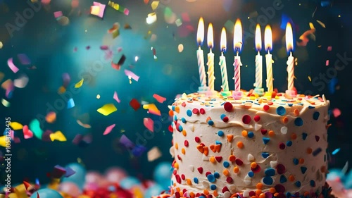 Happy birthday card with cake, burning candles and festive background with bokeh and confetti