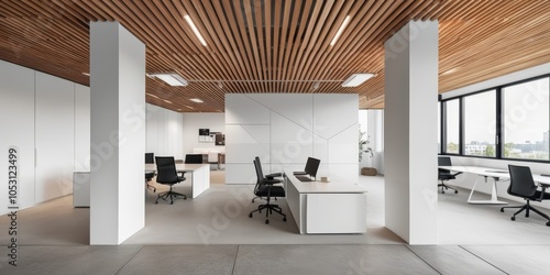 Modern office interior, minimalist design, white walls, wooden slat ceiling, large windows, natural light, open workspace, ergonomic office chairs, long white desk, sleek furniture, clean aesthetics, 