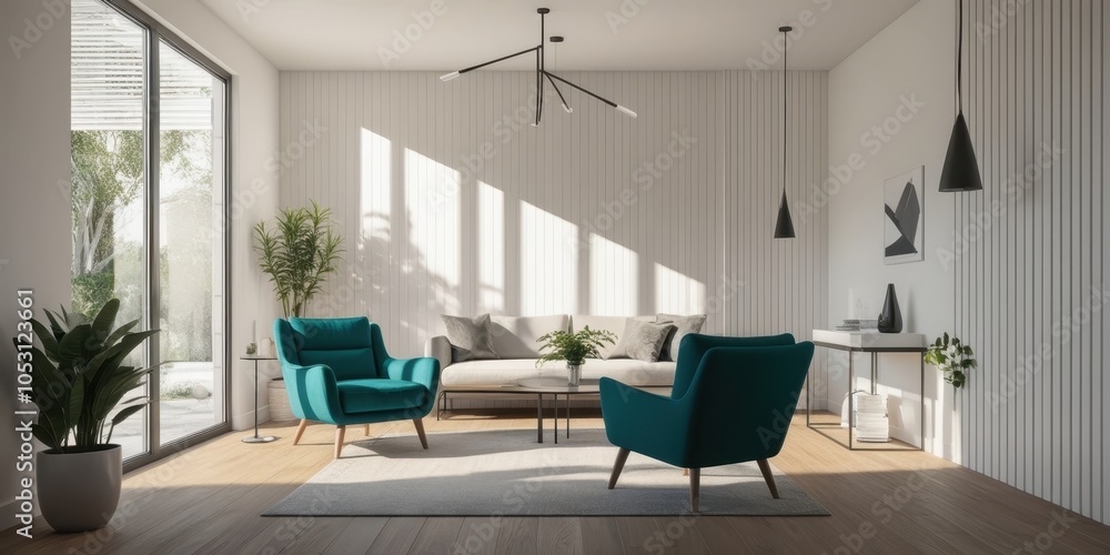 Fototapeta premium modern minimalist living room, teal accent chair, white walls, large windows, natural light, hanging pendant lights, wooden floor, potted plants, contemporary sofa, sleek coffee table, abstract wall a