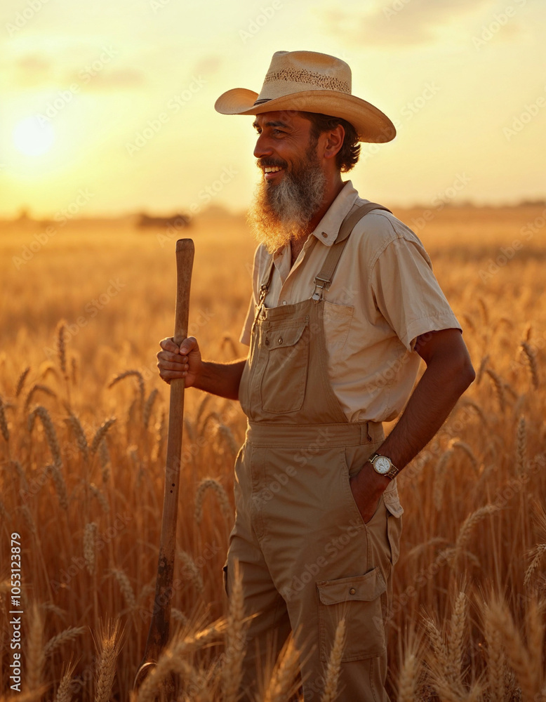 Contented Farmer Standing in Golden Wheat Field at Sunset Contented Farmer Standing in Golden Wheat Field at Sunset
