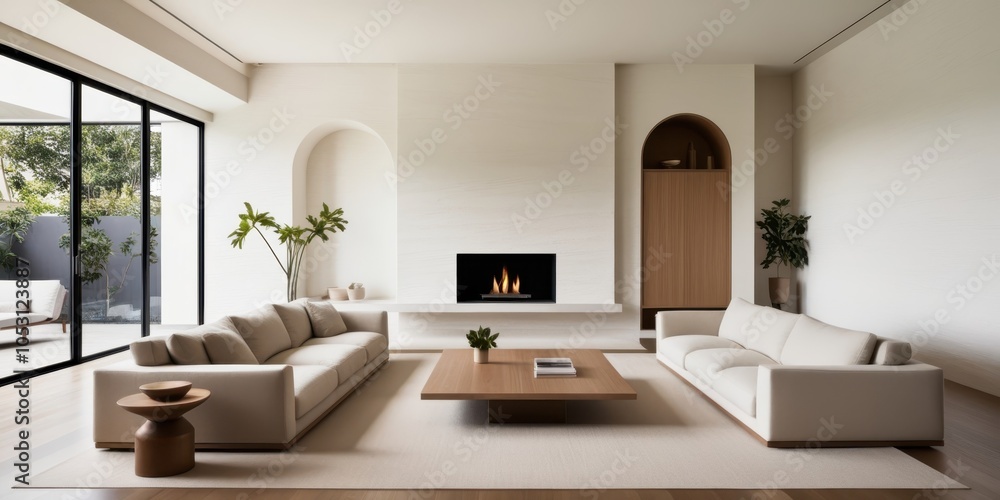 Fototapeta premium modern minimalist living room, neutral tones, white brick walls, arched doorways, large windows, natural light, contemporary fireplace, beige sectional sofa, wooden coffee table, potted plants, cozy i