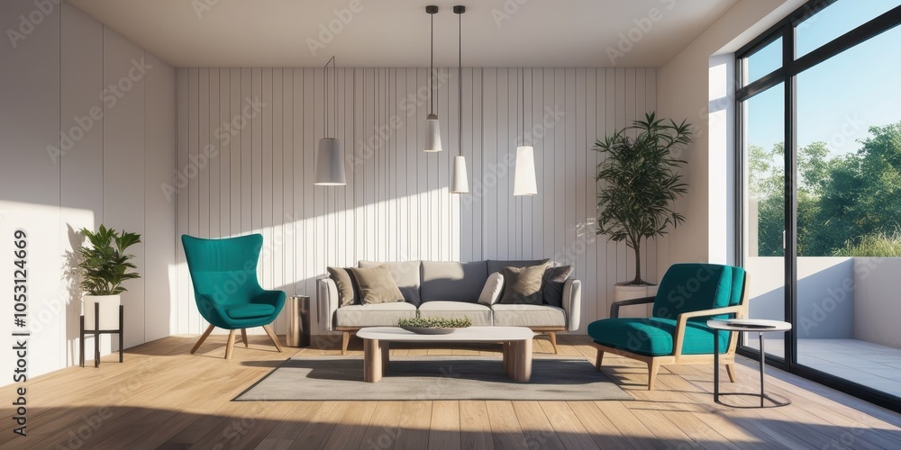 Fototapeta premium modern minimalist living room, teal accent chair, white walls, large windows, natural light, hanging pendant lights, wooden floor, potted plants, contemporary sofa, sleek coffee table, abstract wall a