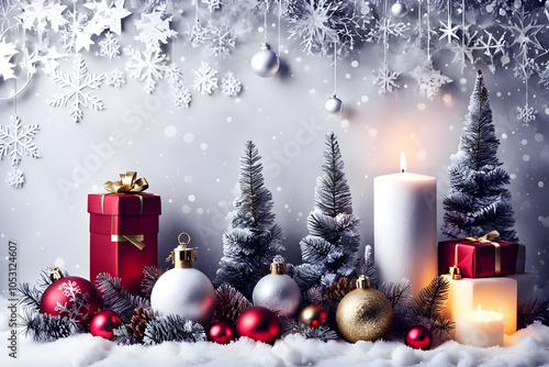 cute Christmas souvenir on a white background, christmas tree decoration, christmas tree with presents, christmas seamless pattern