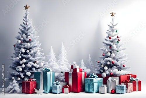 cute Christmas souvenir on a white background, christmas tree decoration, christmas tree with presents, christmas seamless pattern