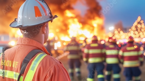 A firefighter supervises a scene of chaos, displaying courage and leadership amidst a raging fire at night. photo