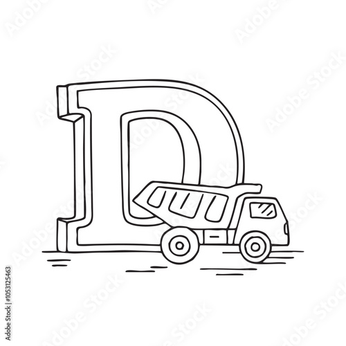 Illustration of Dump truck beside letter D 