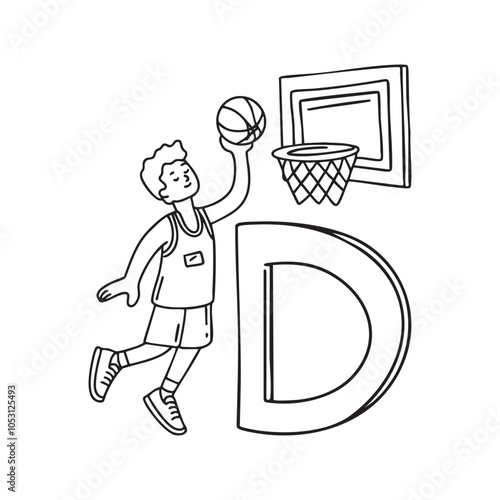 Illustration of basket player dunk beside letter D photo