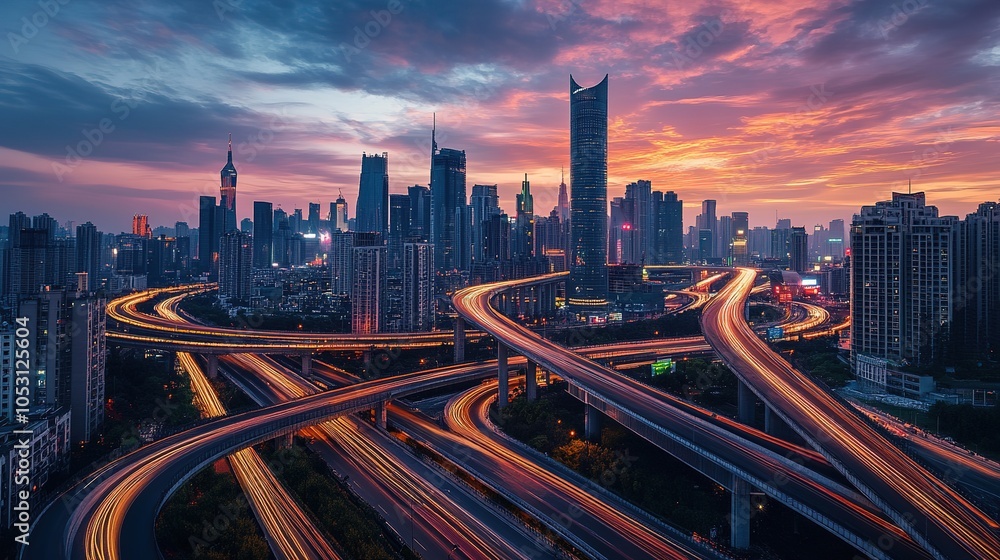 A vibrant city skyline illuminated by traffic trails during twilight in an urban setting A vibrant city skyline illuminated by traffic trails during twilight in an urban setting