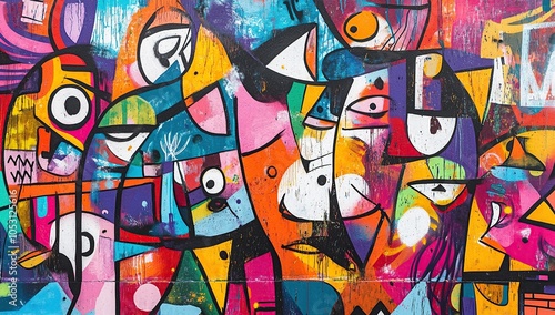 A vibrant street art mural depicting abstract figures and shapes