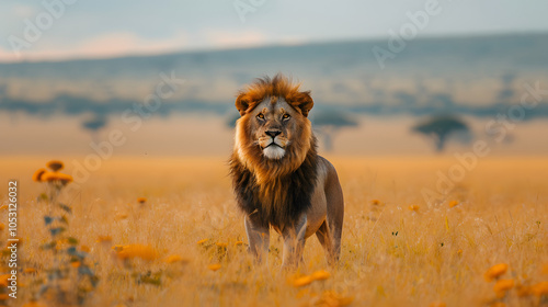 lion in the savanna african wildlife landscape photo