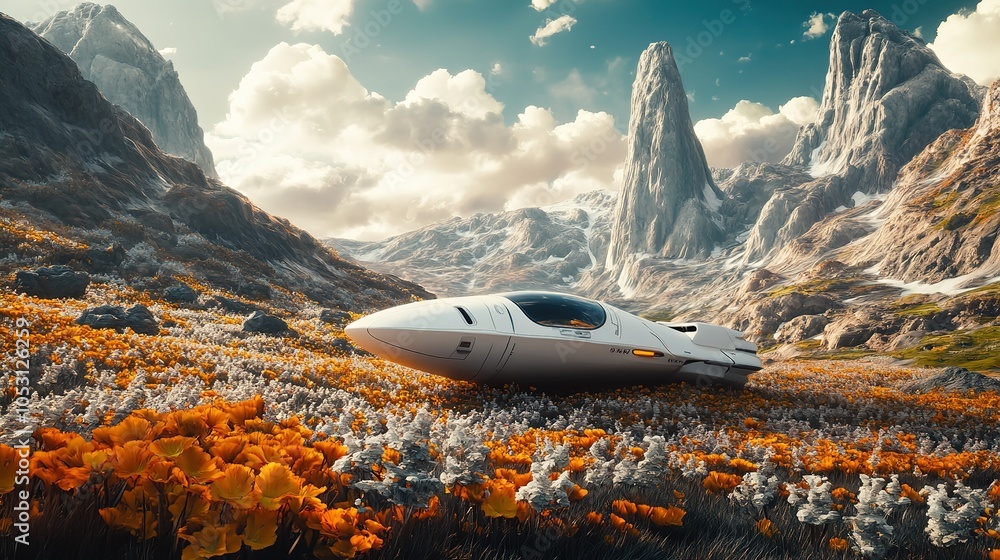 Fototapeta premium Astronaut explores a distant planet with a futuristic spacecraft during sunset amid a breathtaking alien landscape