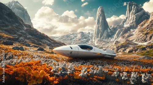 Wallpaper Mural Astronaut explores a distant planet with a futuristic spacecraft during sunset amid a breathtaking alien landscape Torontodigital.ca