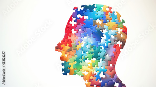 generated illustration of head profile with jigsaw puzzle pieces. Alzheimer's and dementia, mental illness and brain disorder