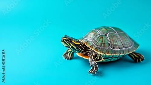 A small turtle on a blue background.