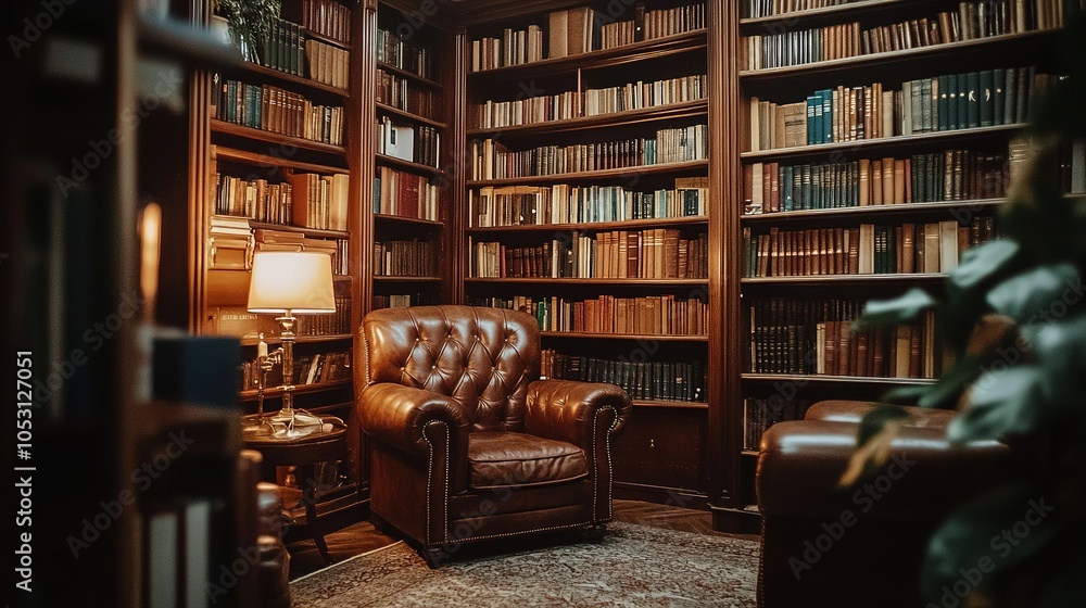 Cozy reading corner in a library with leather chairs and wooden shelves filled with books, illuminated by warm lighting in the evening Cozy reading corner in a library with leather chairs and wooden shelves filled with books, illuminated by warm lighting in the evening