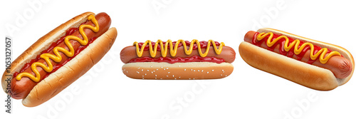 Three hot dogs, garnished with yellow mustard, displayed on a black background, showcasing their appetizing and classic fast-food appeal.