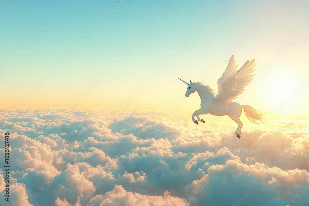 A majestic unicorn with wings leaps gracefully through a vibrant sky filled with fluffy clouds during a serene sunrise. A majestic unicorn with wings leaps gracefully through a vibrant sky filled with fluffy clouds during a serene sunrise.