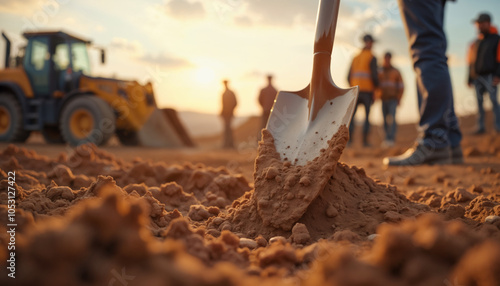 Construction Workers at a Digging Site During Sunset