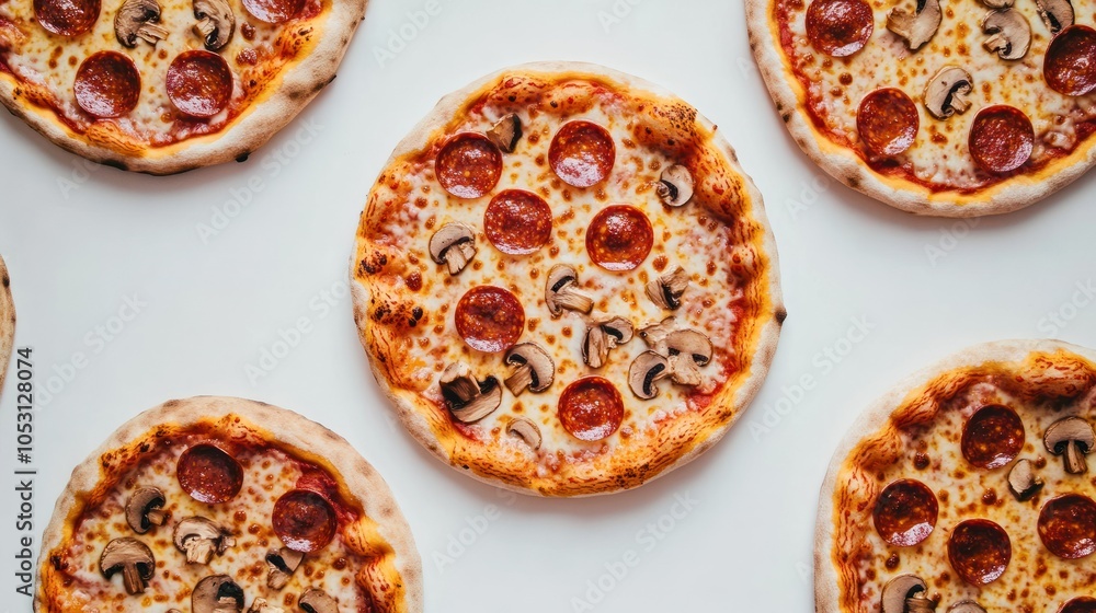 Four Pepperoni and Mushroom Pizzas on a White Background Four Pepperoni and Mushroom Pizzas on a White Background