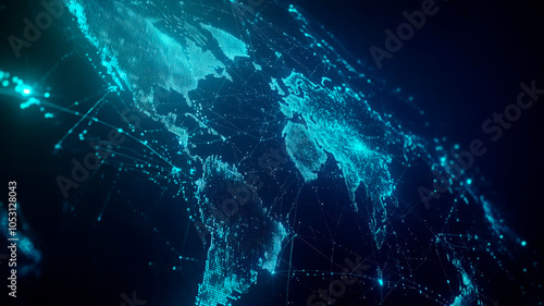 Digital Earth Network, Global Data Communication in Futuristic Dark Blue and Light Blue Tones, Americas View, Technology, Connectivity, Cyber Network, Satellite View, International Data Exchange Visua