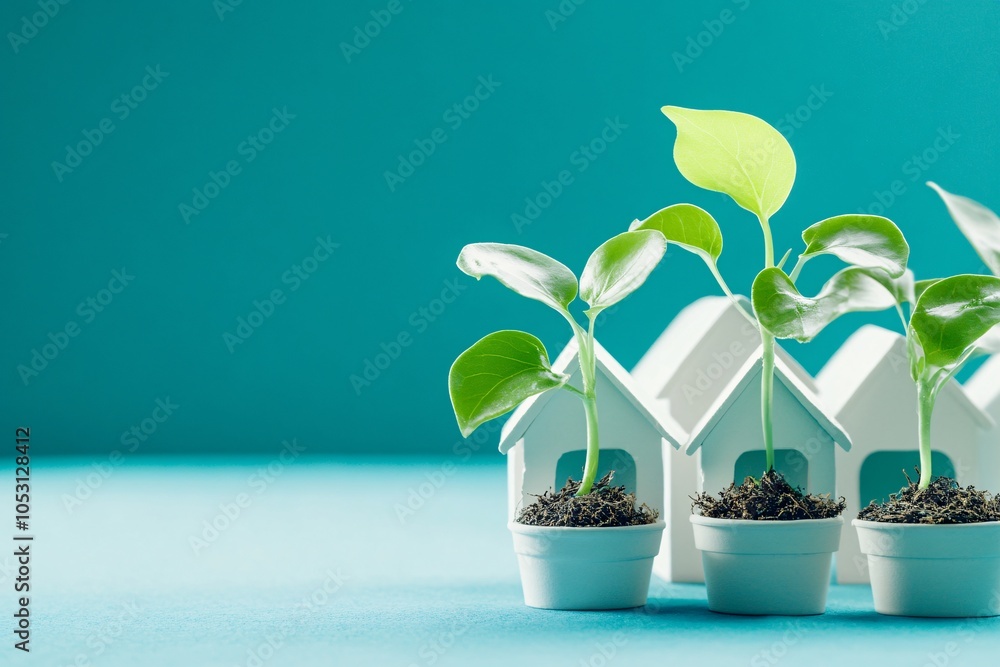 Green Plants Growing Out of Miniature Houses: A Symbol of New Life and Sustainability Green Plants Growing Out of Miniature Houses: A Symbol of New Life and Sustainability