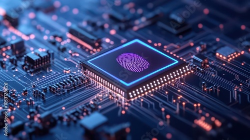 Conceptual image of a digital lock with a glowing fingerprint scanner, cyber security theme, neon blue and purple hues