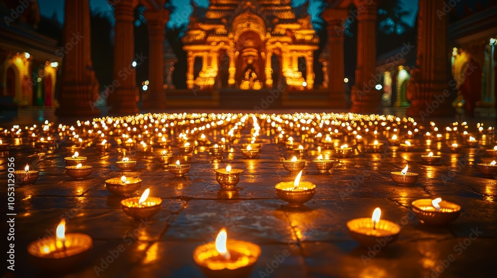 Illuminated Temple Courtyard with Oil Lamps at Night Illuminated Temple Courtyard with Oil Lamps at Night