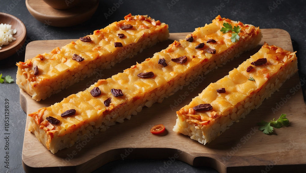 Three cheesy, crispy rice sticks on a wooden board with parsley and chili flakes. Three cheesy, crispy rice sticks on a wooden board with parsley and chili flakes.