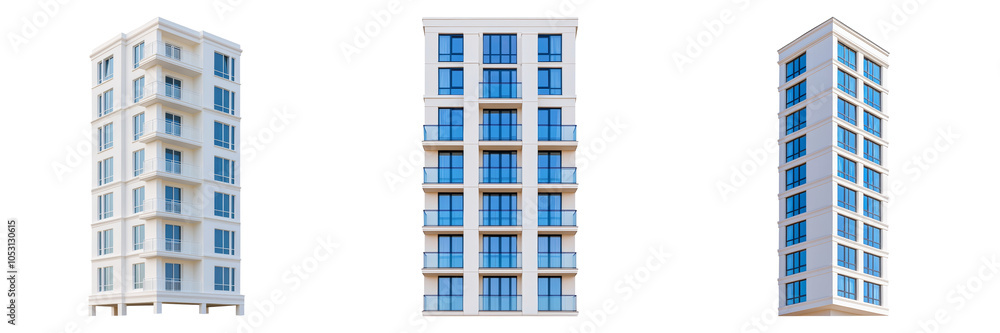 Three modern apartment buildings featuring contemporary designs and large windows, set against a black background. Three modern apartment buildings featuring contemporary designs and large windows, set against a black background.