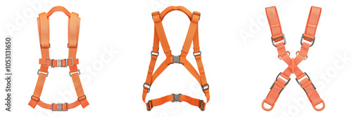 A bright orange harness displayed from three angles against a black background, emphasizing its design and structure. photo