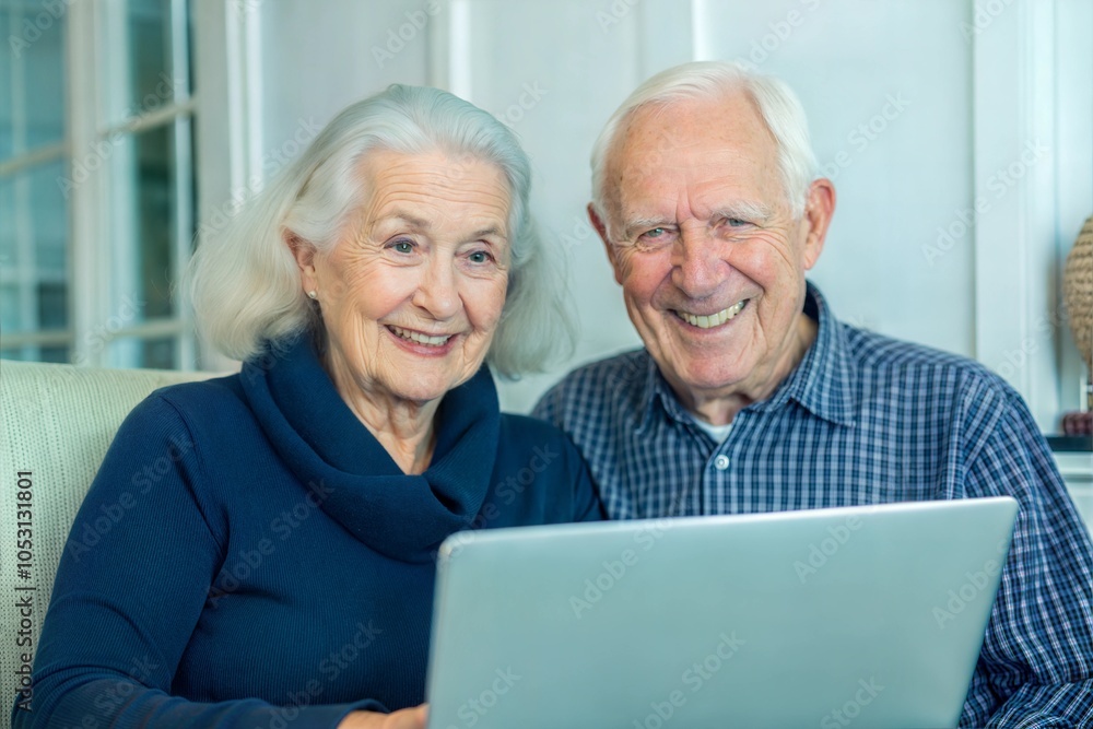 Happy Senior Couple Smiling Together While Using a Laptop at Home Happy Senior Couple Smiling Together While Using a Laptop at Home