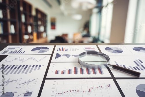 Magnifying glass analyzing statistical business charts on desk in office photo