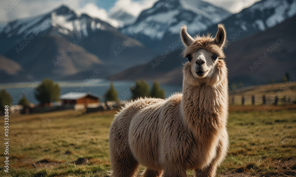 Obraz premium Charming Alpaca Standing Proudly in a Scenic Mountain Landscape