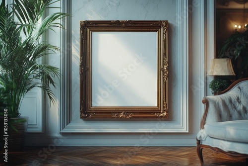 Golden ornate frame hanging on marble wall in luxurious room photo