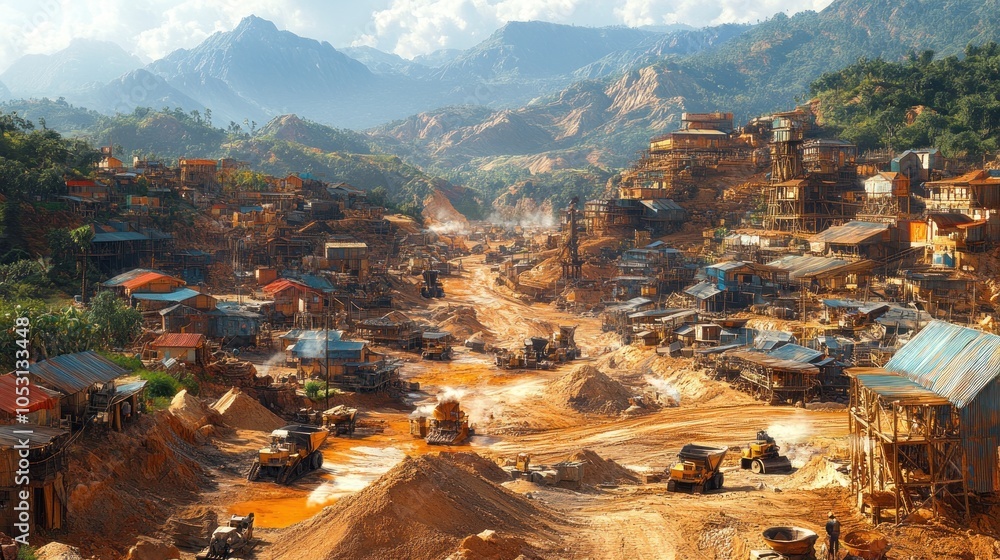 Fototapeta premium A mining site with machinery in a mountainous landscape.